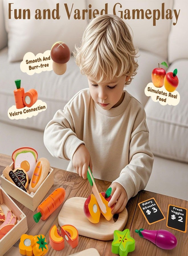 Toyssa 40+ Pcs Wooden Play Food Set with Grocery Store Shelf & Cutting Toys, Pretend Play Kitchen Accessories for Toddlers Kids, Educational Farmers Market Role Play Gifts for Girls Boys 3-7 Years - Image 5
